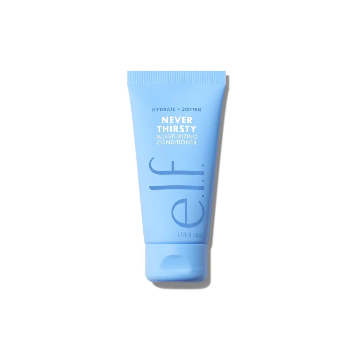 Light blue e.l.f. Never Thirsty Moisturizing Conditioner 1.7 fl oz mini tube on a white background