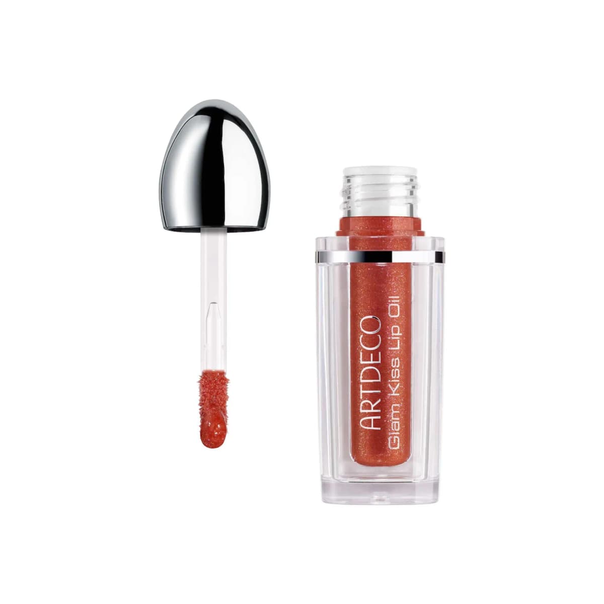 Glam Kiss Lip Oil in shimmering copper-red, open with silver egg-shaped cap and doe-foot applicator