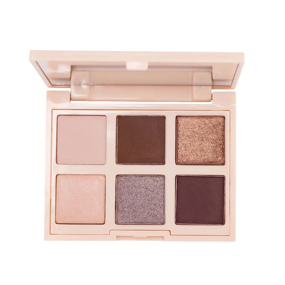 Cool Earth palette open with mirror, showing beige, brown, bronze shimmer, peach, taupe glitter and plum shades