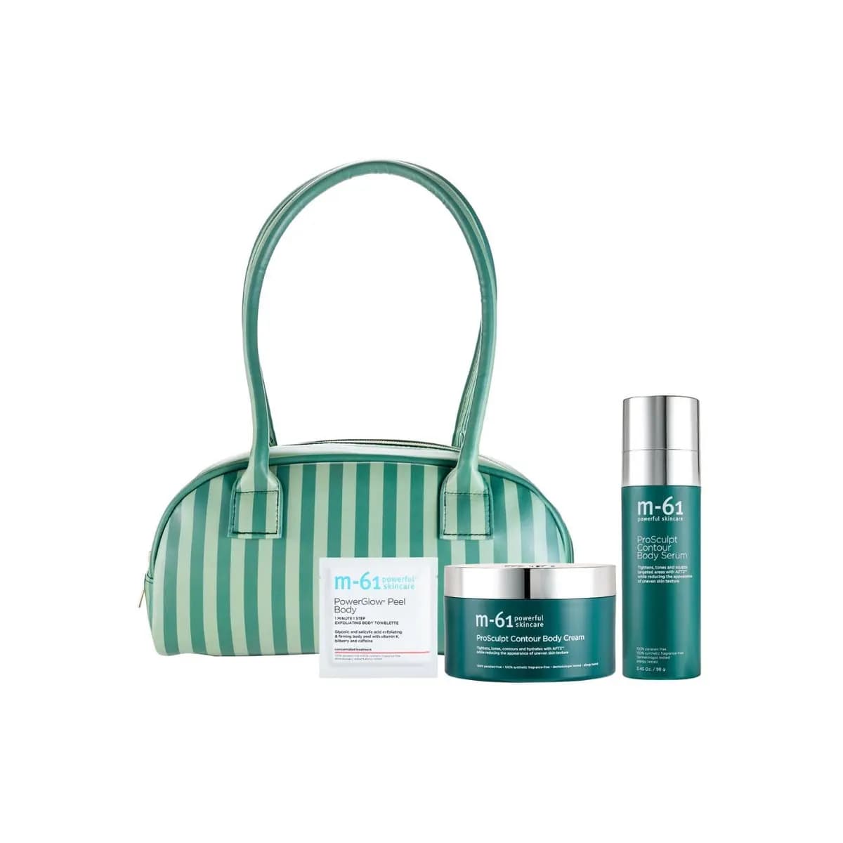 Green striped shoulder bag with M-61 ProSculpt Contour Body Cream, Body Serum and a PowerGlow Peel Body packette