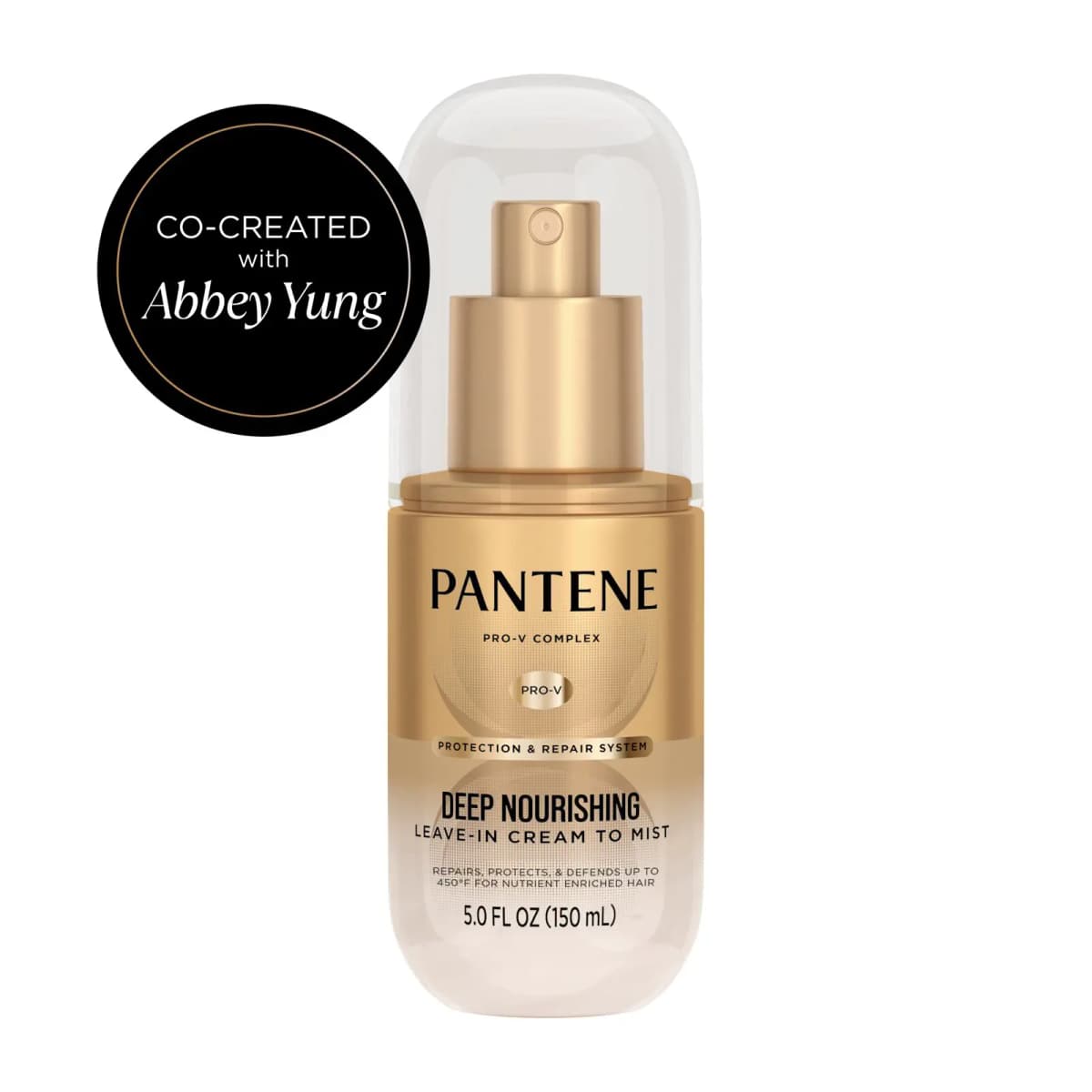 Pantene Deep Nourishing Leave-In Cream to Mist gold bottle with clear cap, beside a black Co-Created with Abbey Yung badge