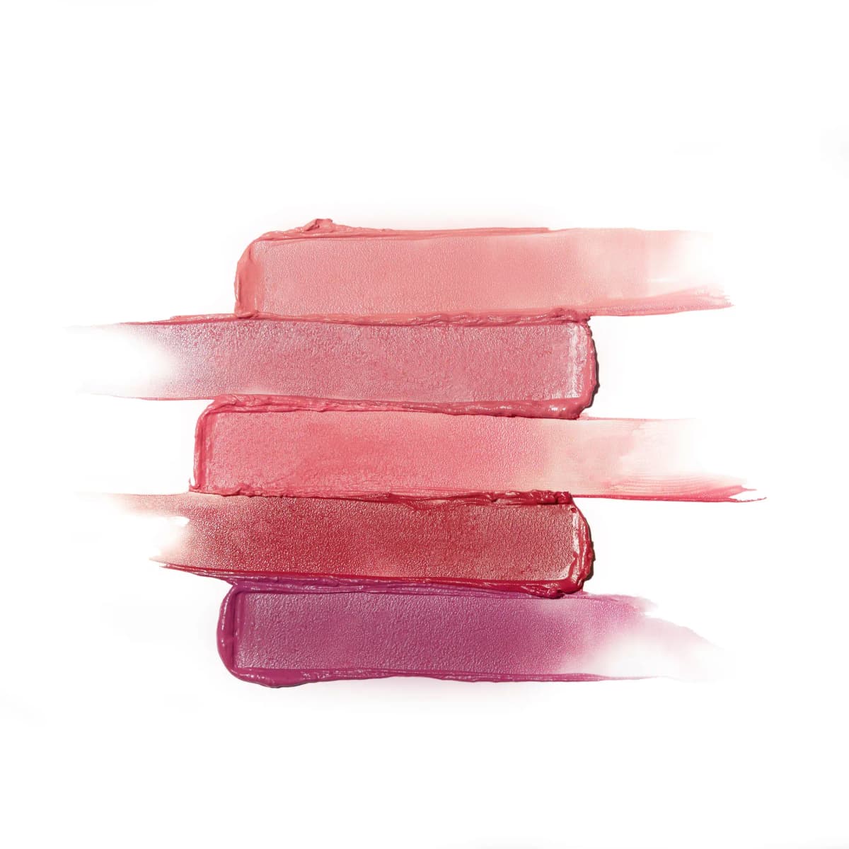 Five Cream Multi-Stick swatches on white, from peachy pink and rosy pink to coral, berry red and plum