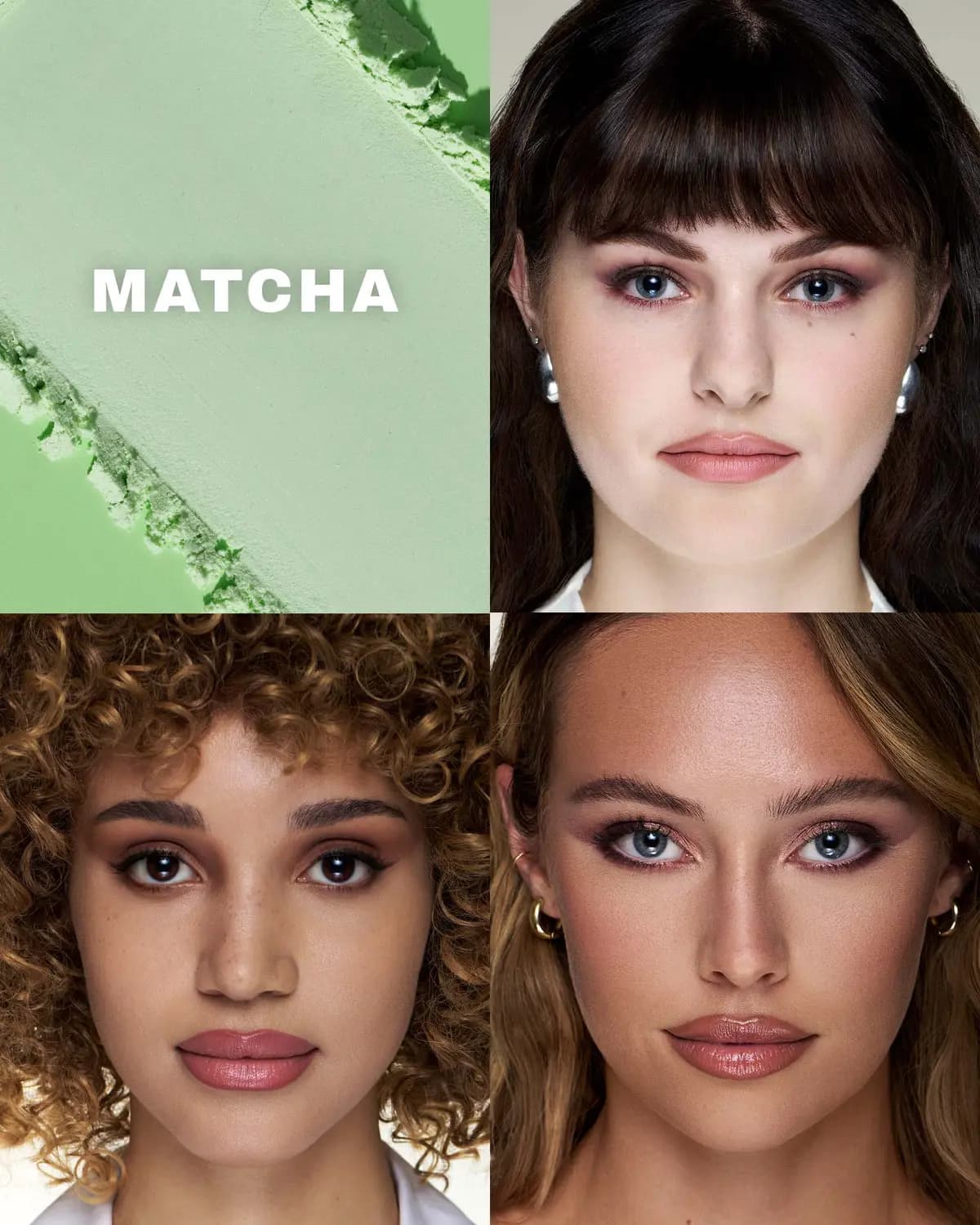Green Matcha powder texture tile beside three made-up models with fair to medium skin tones