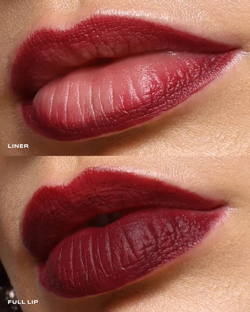 Side-view lips showing a burgundy liner outline, then a fully filled deep red-burgundy lip
