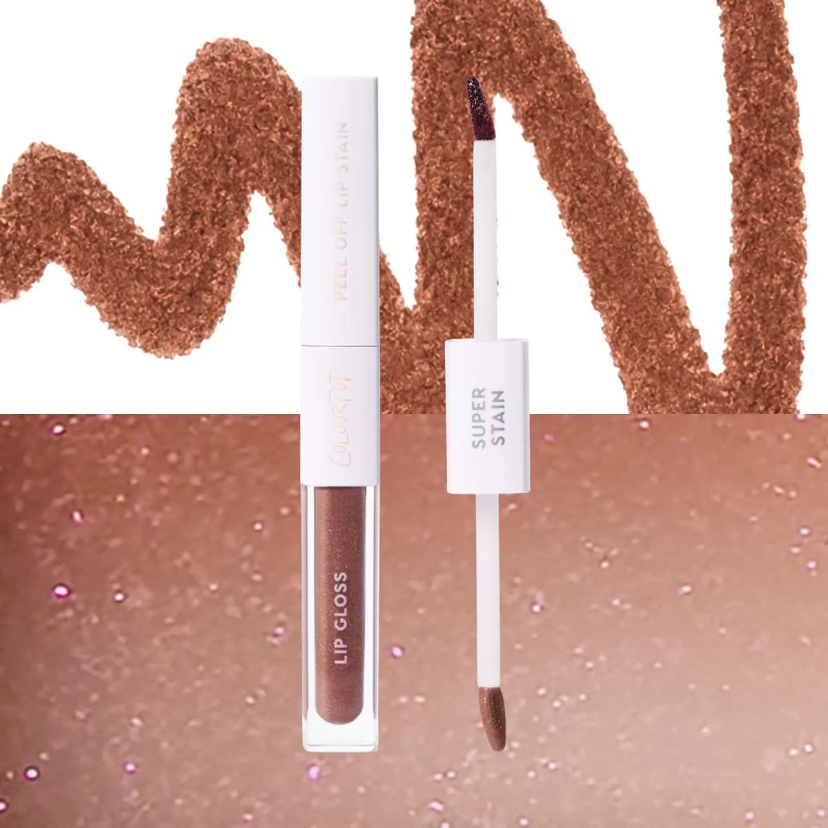 Lip duo with a shimmering bronze gloss over a warm brown stain scribble and glittery bronze gloss swatch