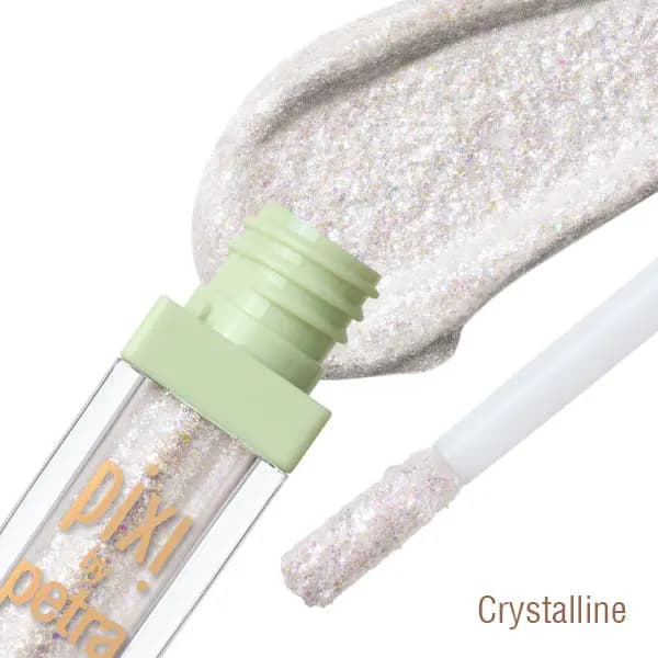 Pixi by Petra liquid eye colour in Crystalline, a clear tube and doe-foot wand with an iridescent white glitter swatch