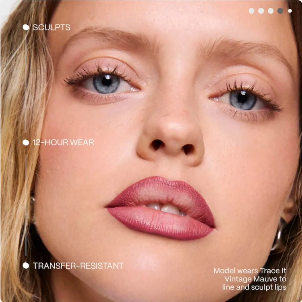 Fair-skinned blonde model with ombré berry-mauve lips, labelled sculpts, 12-hour wear and transfer-resistant