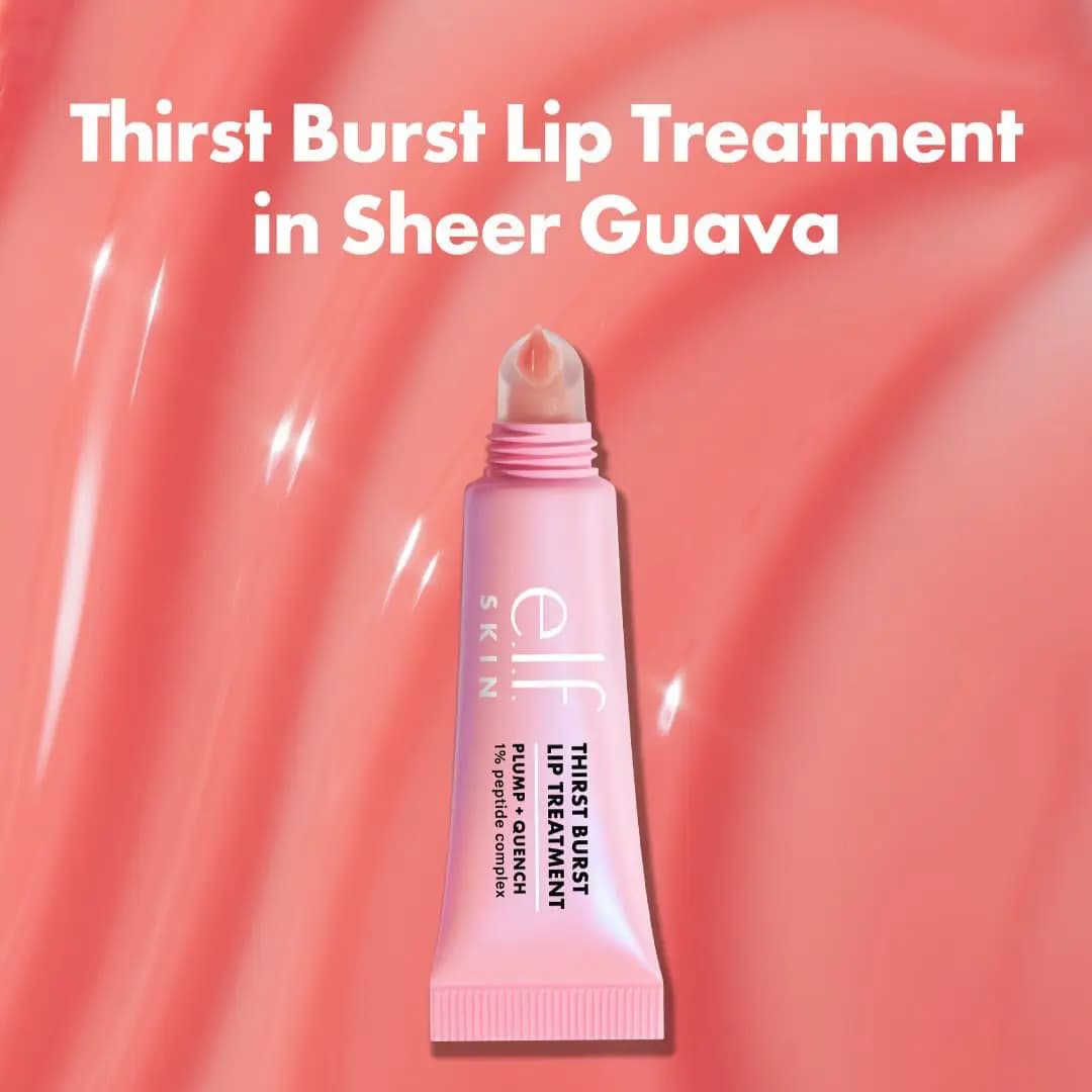 Pink e.l.f. SKIN Thirst Burst Lip Treatment tube in Sheer Guava against a glossy coral swirl background.