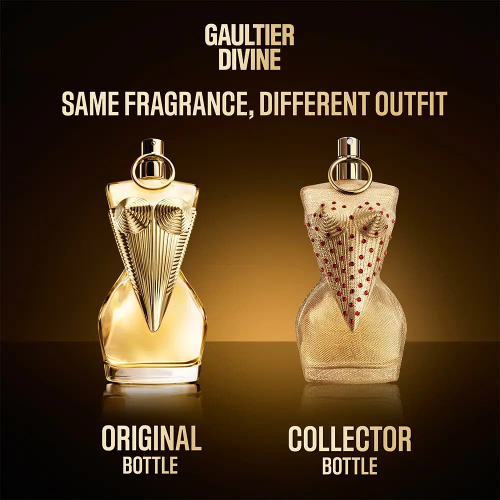 Divine original gold glass bottle beside red-studded mesh collector bottle, captioned same fragrance, different outfit