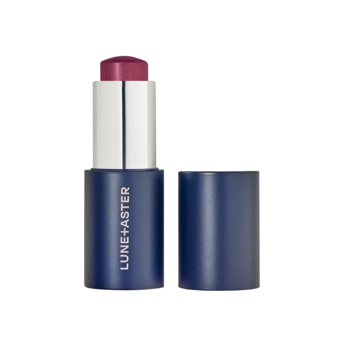 Uncapped navy stick with a shimmering magenta-berry bullet, its navy cap beside it