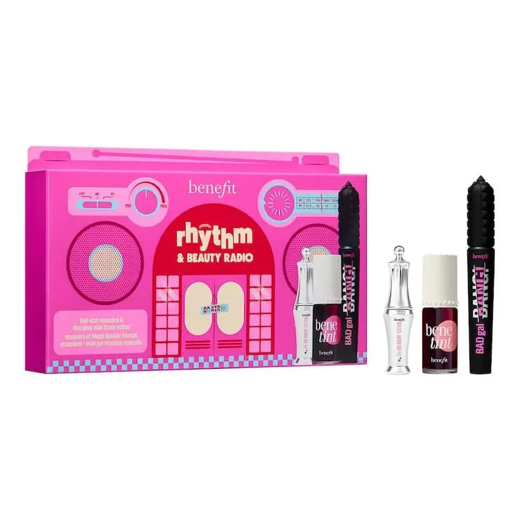 Benefit Rhythm & Beauty Radio pink boombox box with mini Brow Setter, Benetint and BADgal BANG! mascara