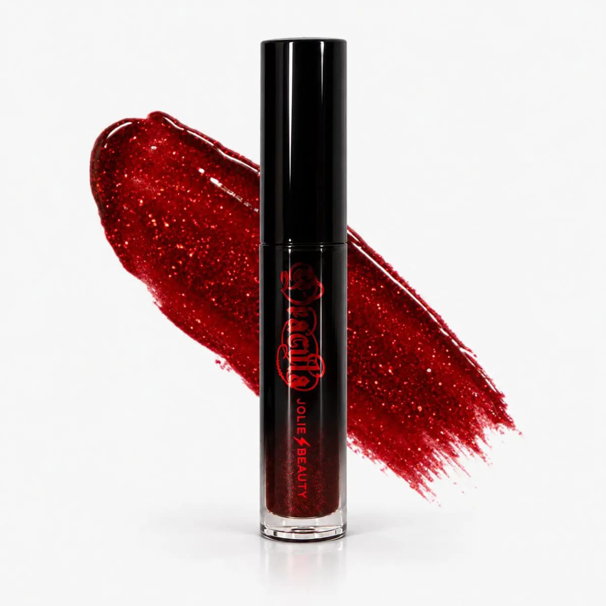 Glossy black lip tube with a sparkling red glitter swatch on white