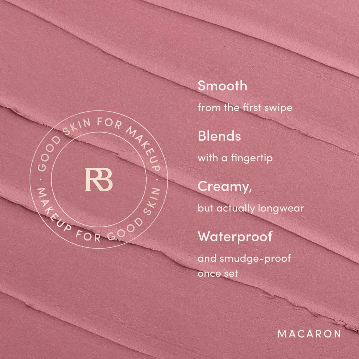 Textured Macaron pink swatch with RB seal listing smooth, blendable, creamy longwear and waterproof claims.