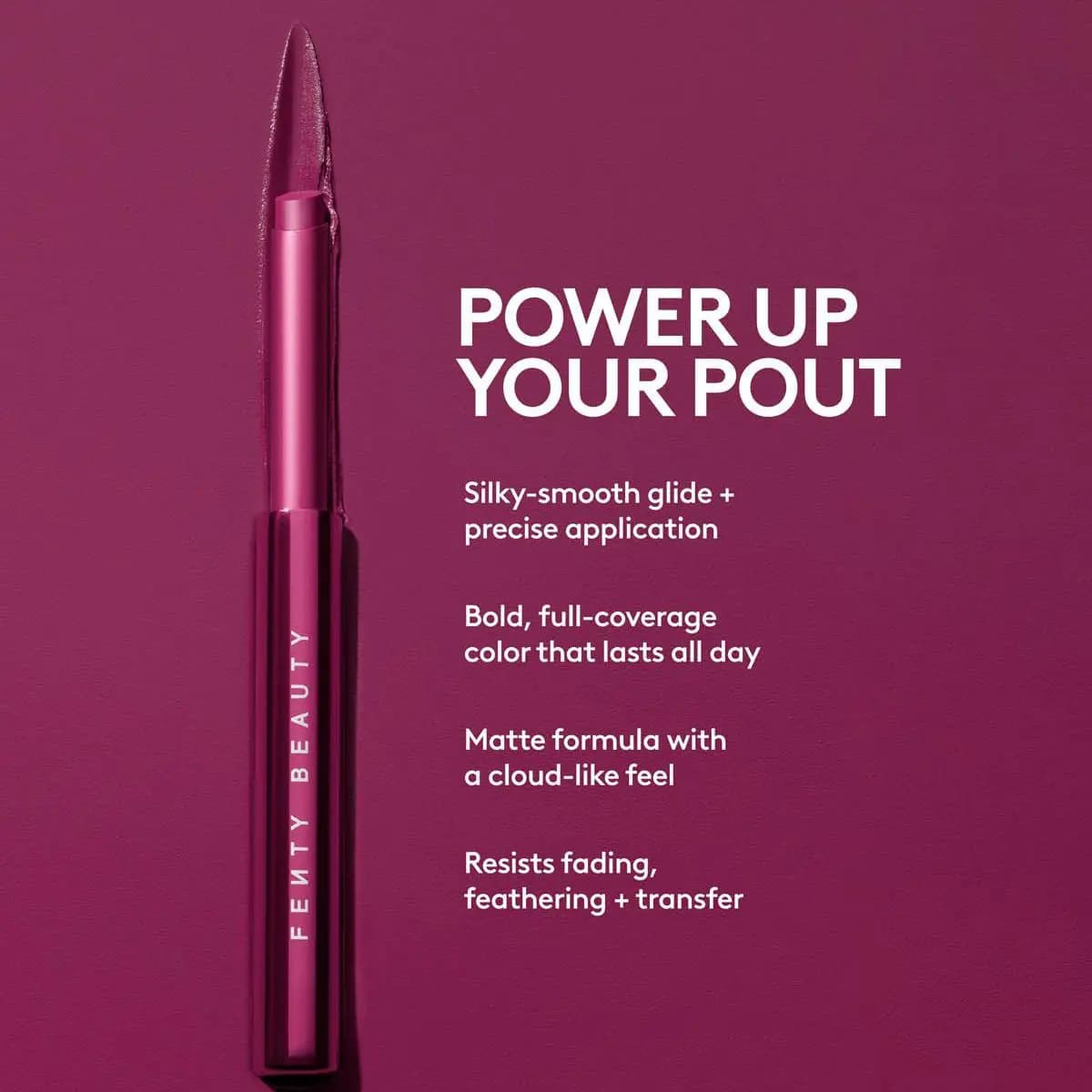 Berry-toned stick and swatch beside text on silky glide, full-coverage matte colour and resistance to fading and transfer