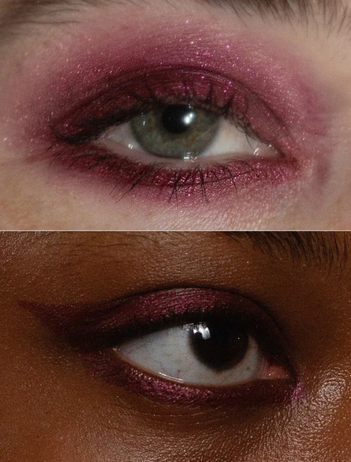 Smoky berry-pink shimmer around a green eye on fair skin above; plum winged liner on deep skin below
