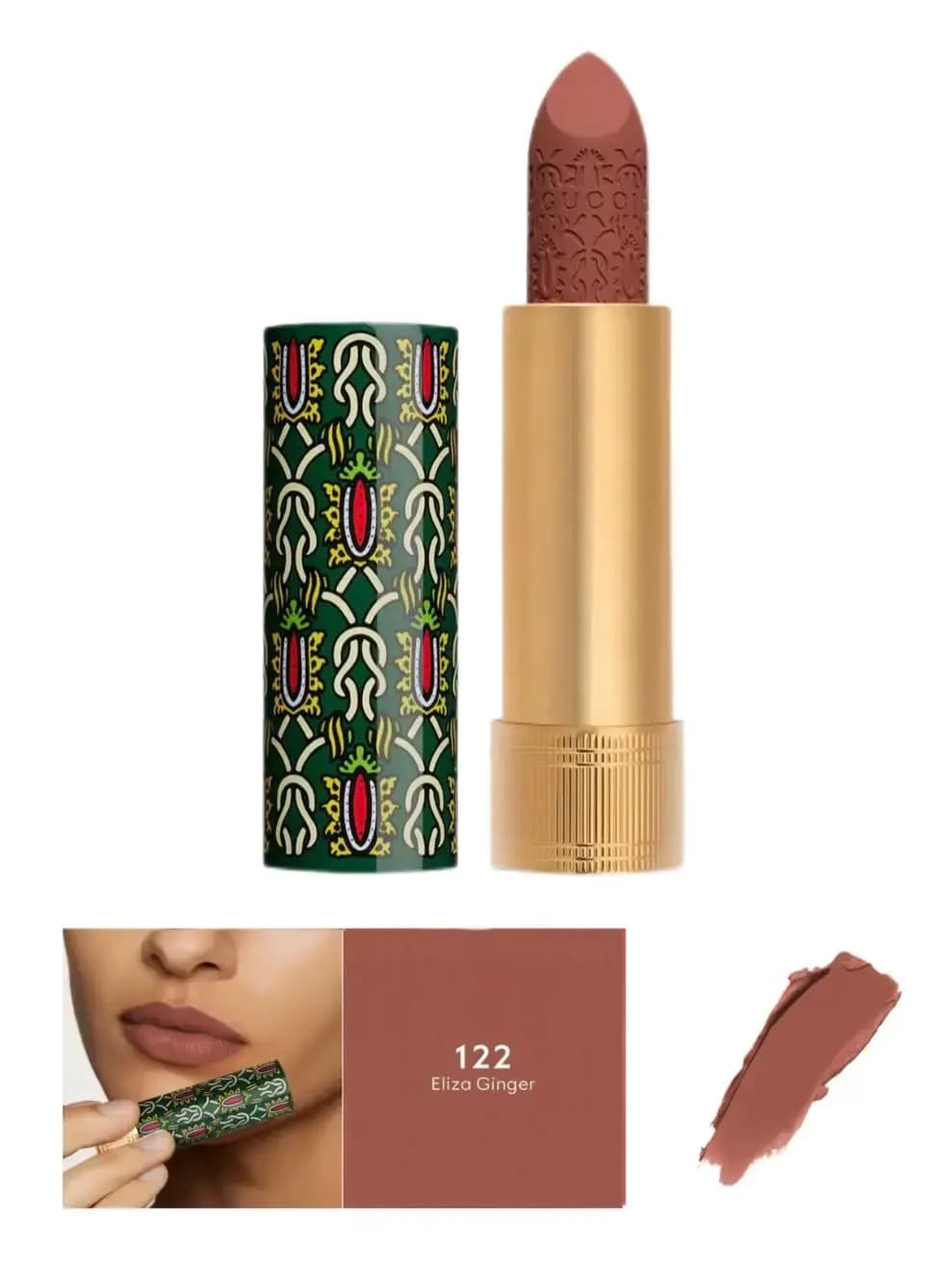 Gucci lipstick 122 Eliza Ginger: warm brown-nude bullet in gold tube, patterned green cap, model's lips and swatch