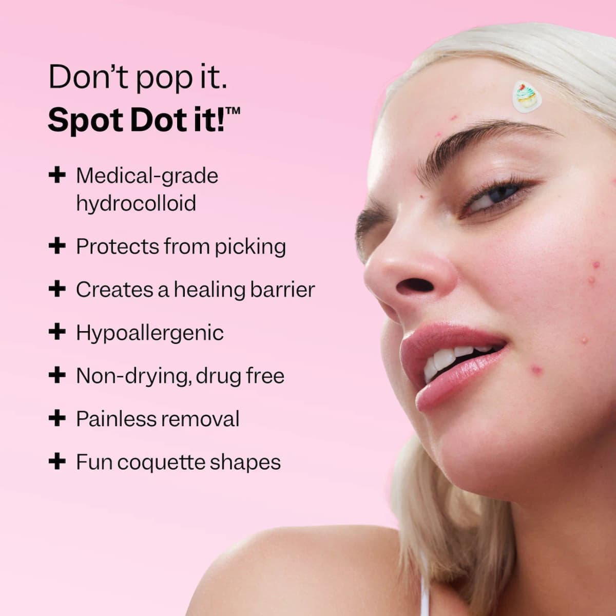 Blonde model with a cupcake patch on the forehead beside a list of benefits like hypoallergenic and painless removal