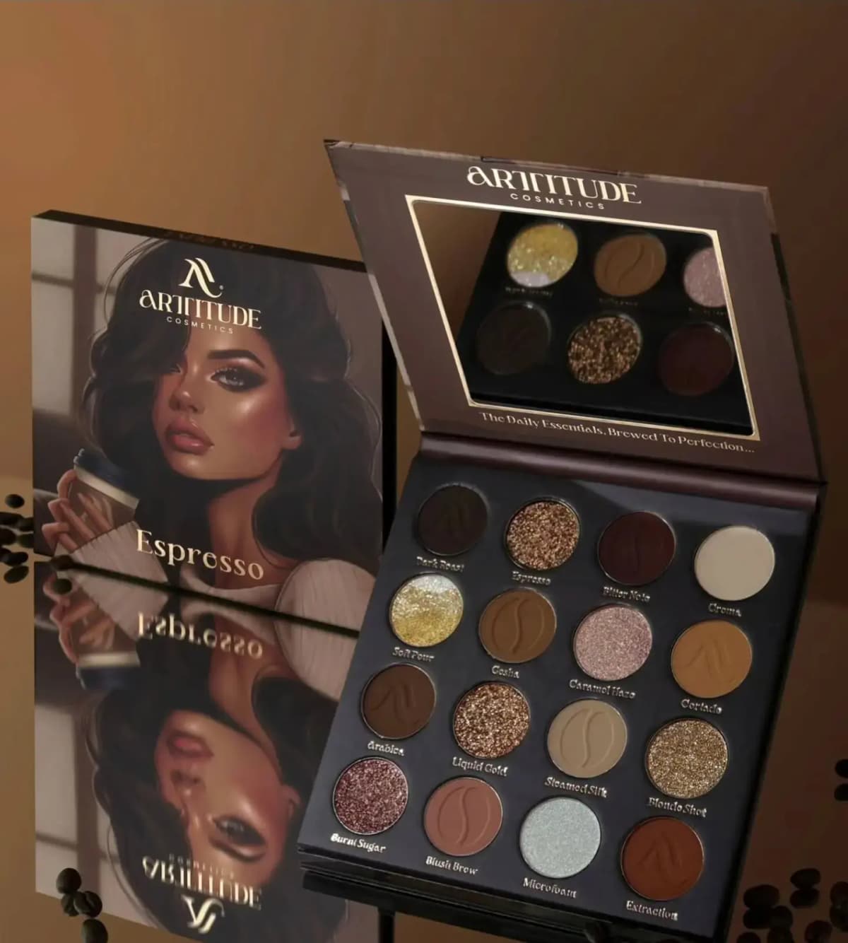 Arttitude Cosmetics Espresso box with illustrated woman holding coffee beside the open mirrored 16-pan palette