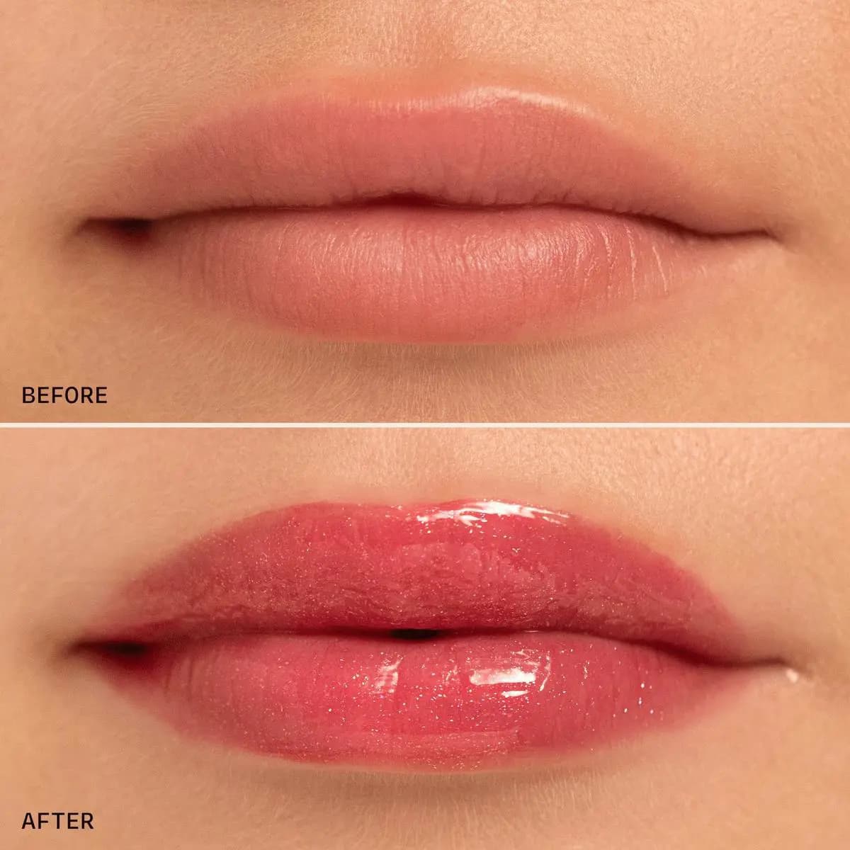 Before and after on light skin: bare lips, then a glossy raspberry-pink tint with sparkle