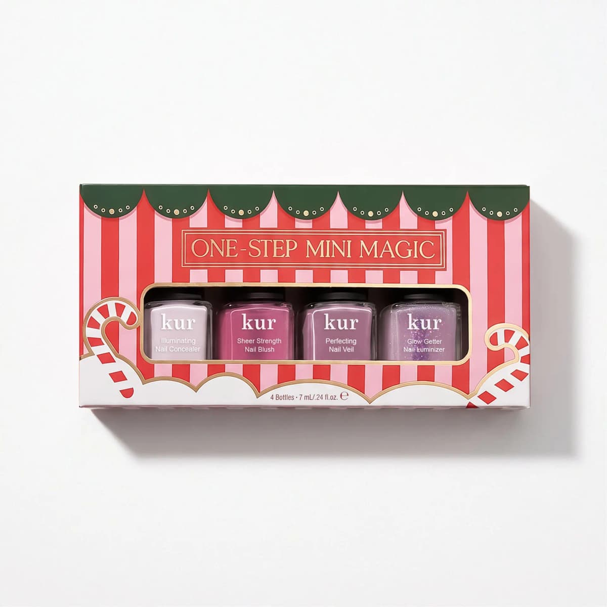 One-Step Mini Magic box on white with four kur bottles in pale pink, berry, mauve and lilac glitter