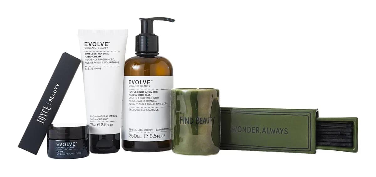 Evolve hand cream, body wash and lip treat with a JOYCE Beauty box and green Find Beauty and Wonder, Always ceramics