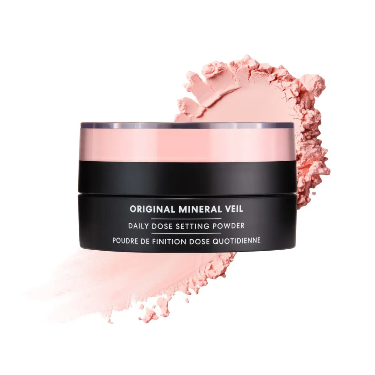 Black jar with a pink-tinted top beside a soft pink crushed powder swatch