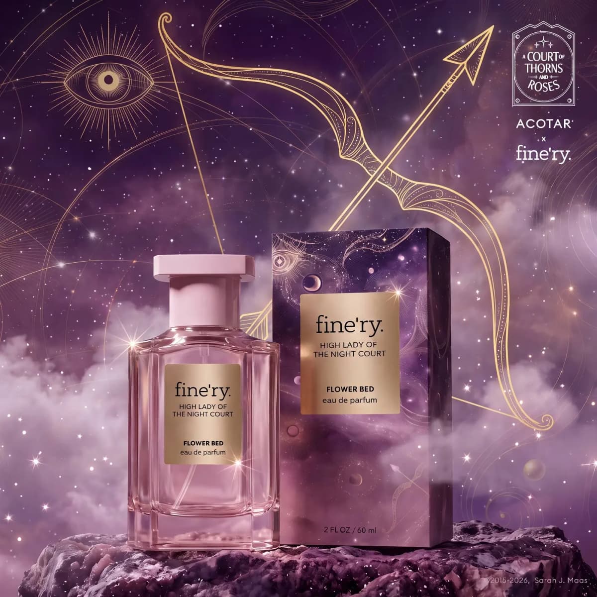 Pink High Lady bottle and box on a rock before purple clouds with gold eye, bow and arrow line art