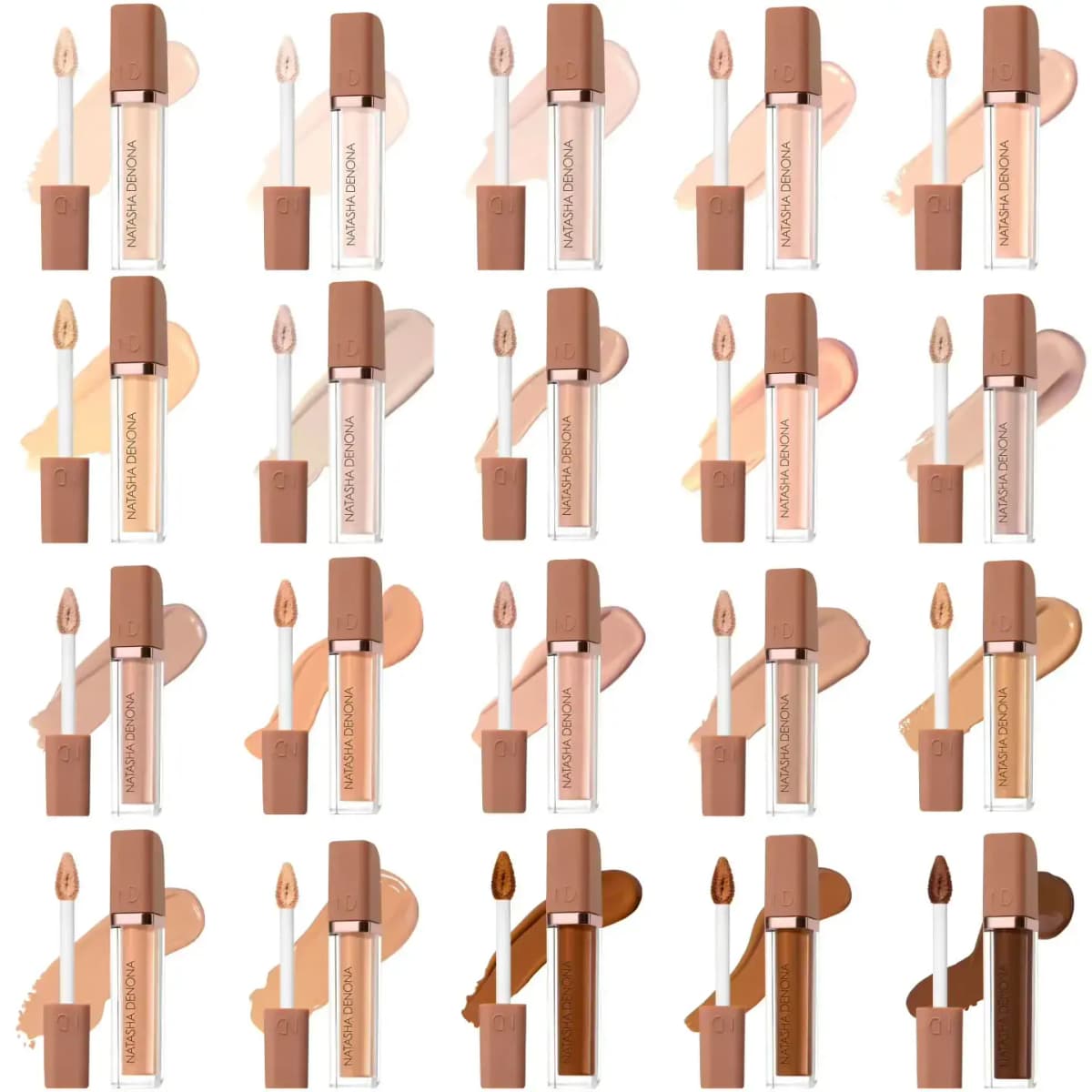 Grid of 20 open concealer tubes with matching swatches, ranging from fair pink-beige to deep brown.