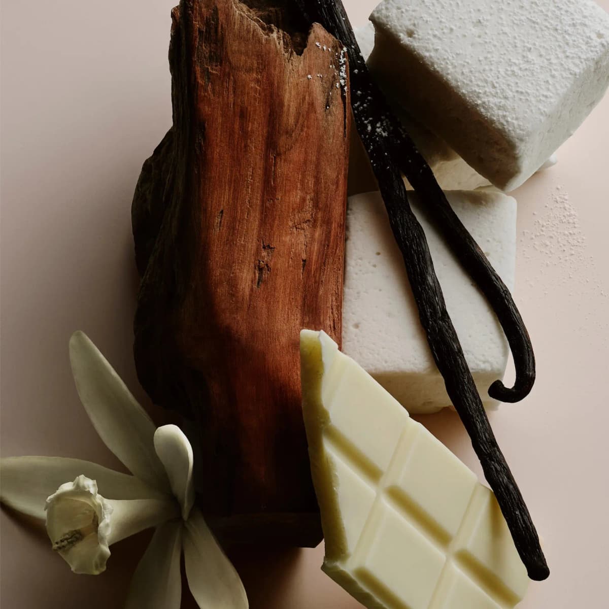 Sandalwood chunk, vanilla bean and flower, white chocolate and powdered marshmallows on a blush surface