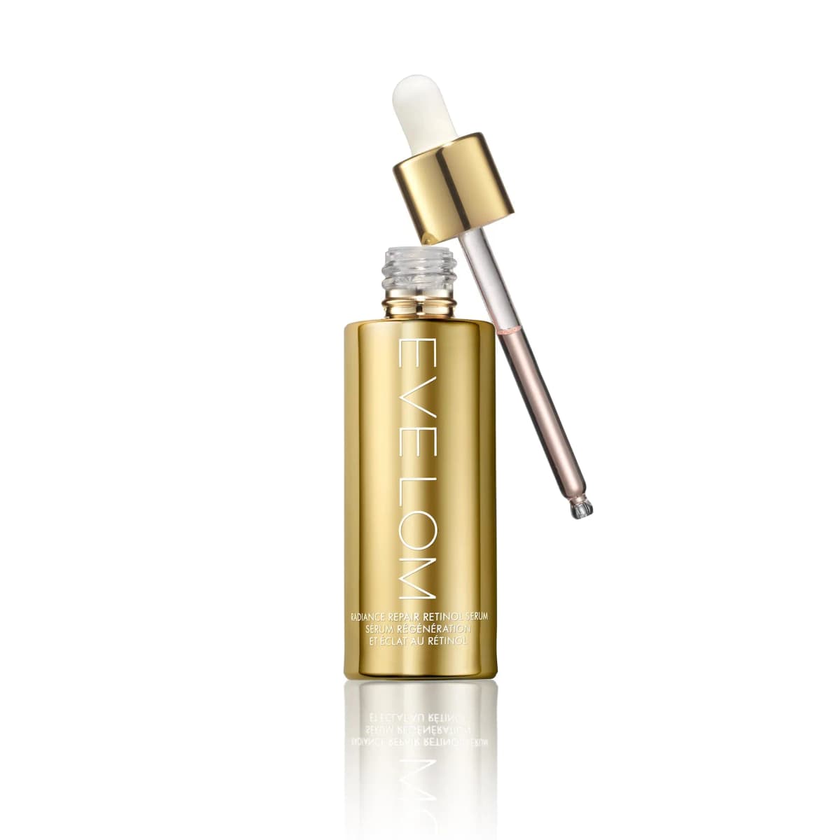 Eve Lom Radiance Repair Retinol Serum in a gold bottle with its gold dropper lifted out