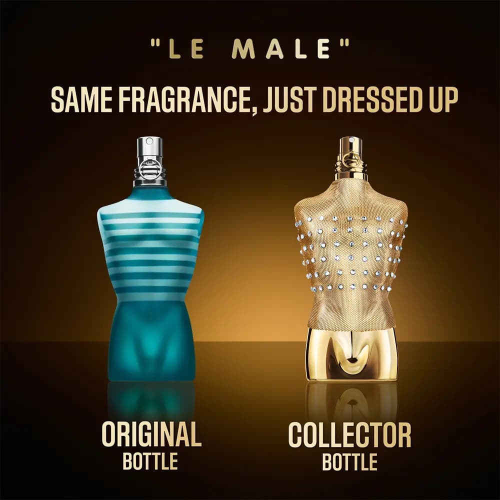 Le Male original blue striped bottle next to gold studded collector bottle, captioned same fragrance, just dressed up