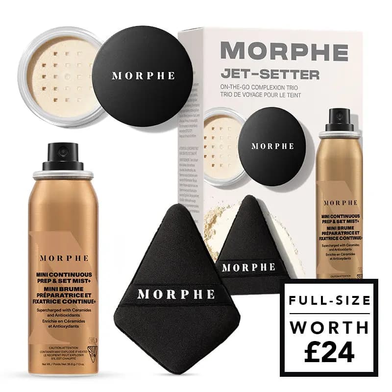 Morphe Jet-Setter trio: loose powder, gold Prep & Set Mist can, black puffs and box, worth £24