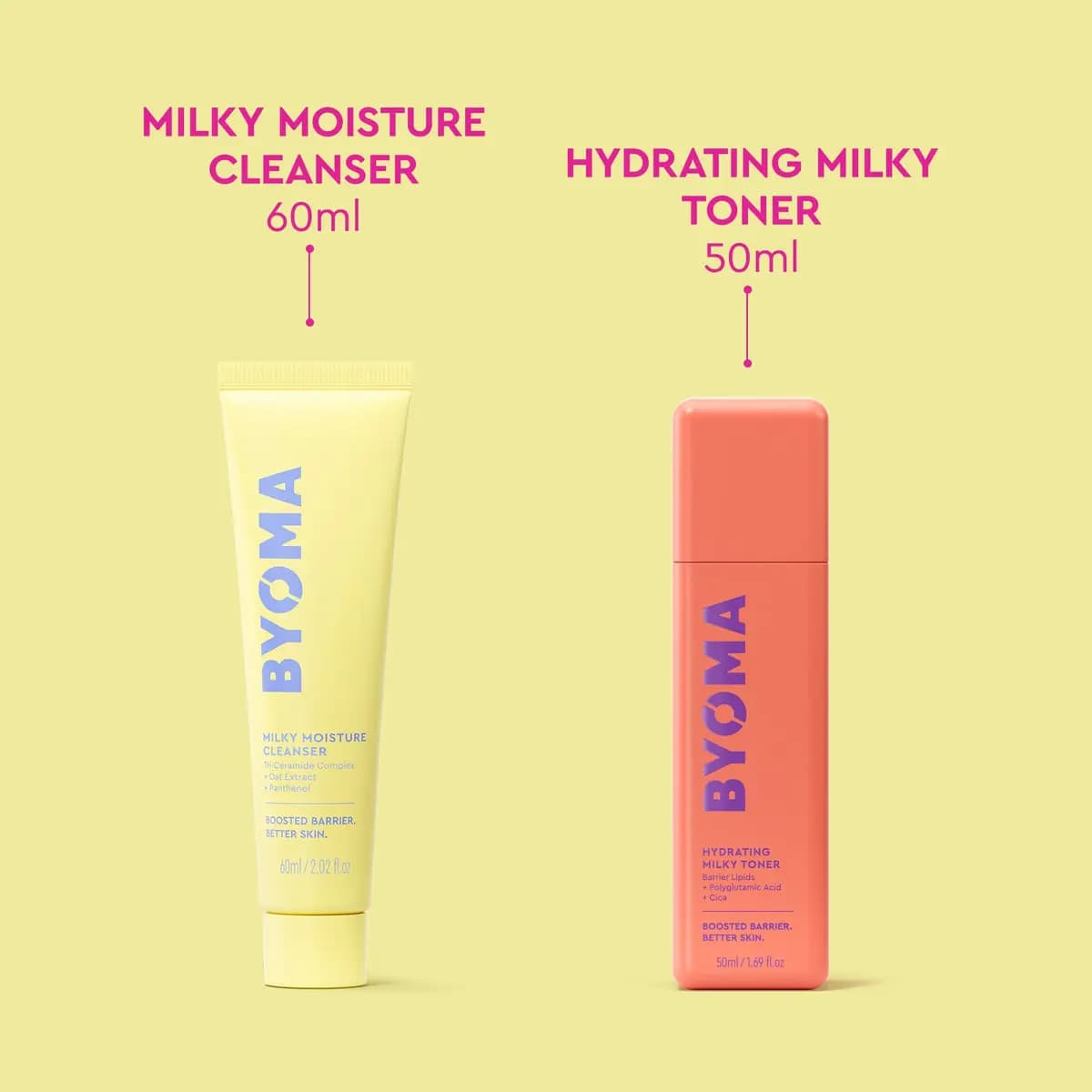 Yellow Milky Moisture Cleanser 60ml tube beside coral Hydrating Milky Toner 50ml on pale yellow