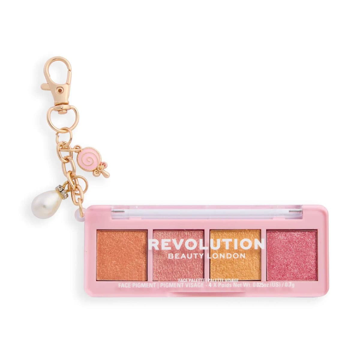 Mini four-pan palette in coral, rose, gold and raspberry shimmer, with a lollipop and pearl charm keychain