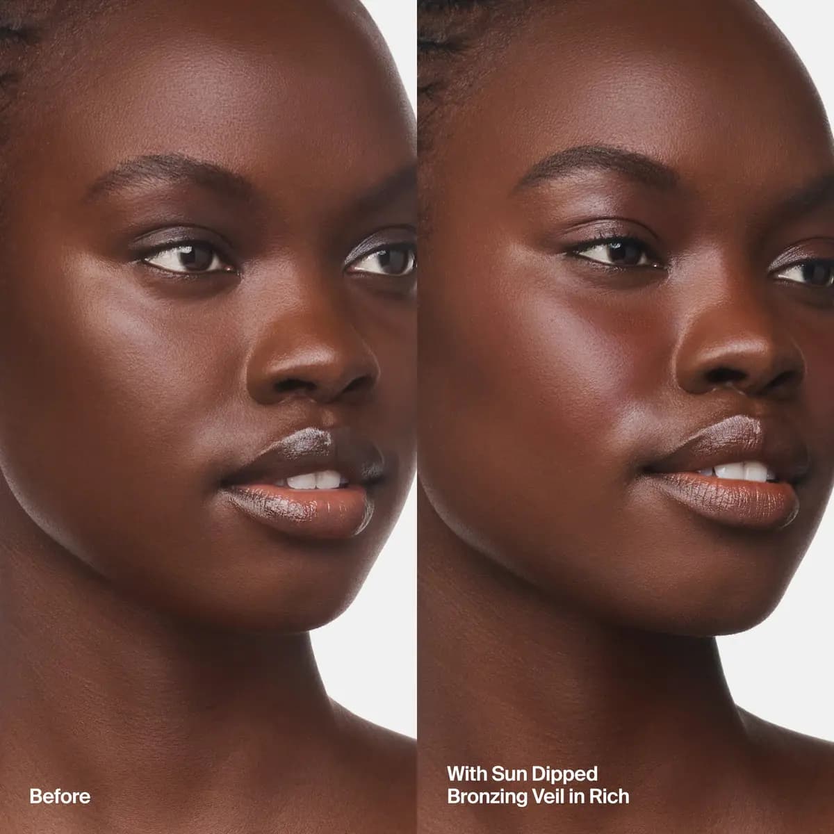 Before and after of a deep-skinned model showing added warm radiance with the Bronzing Veil in shade Rich