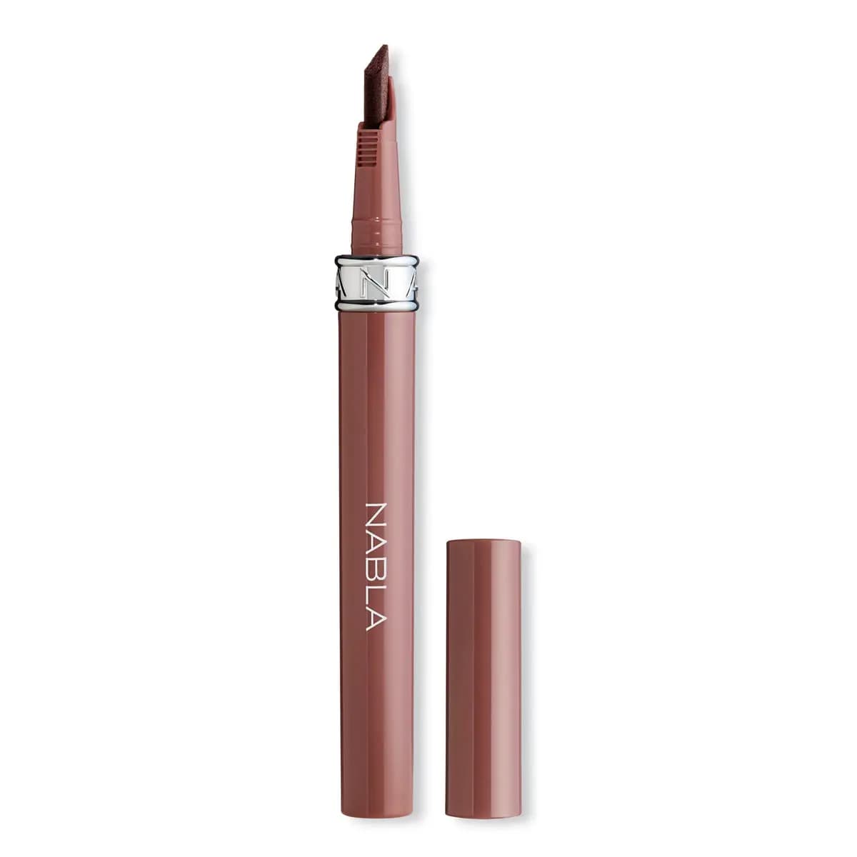 Mauve-brown NABLA pen with a slanted felt-tip applicator, silver logo band and separate cap