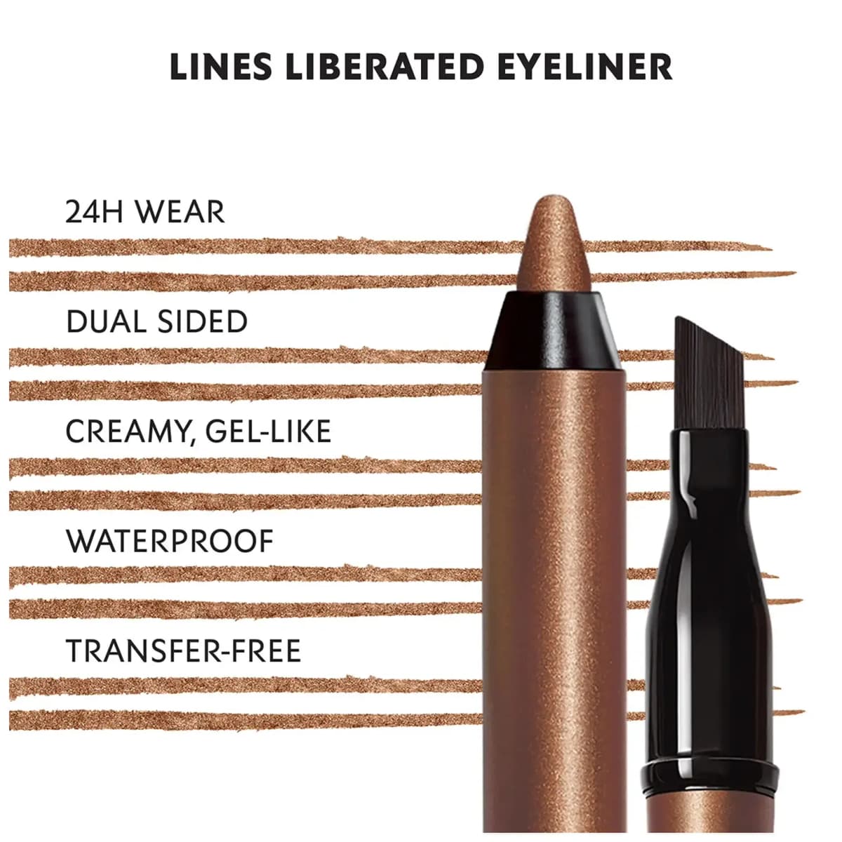 Bronze Lines Liberated pencil tip and angled brush over shimmering bronze swatches with feature text.