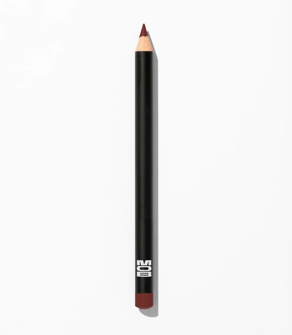 Black MOB lip liner pencil with a sharpened reddish-brown tip and matching end cap on a white background