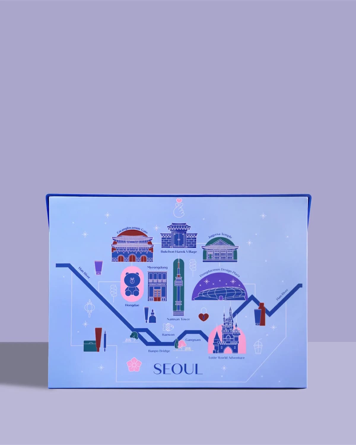 Light blue box side printed with an illustrated Seoul map of the Han River, Hongdae, Namsan Tower and Gangnam