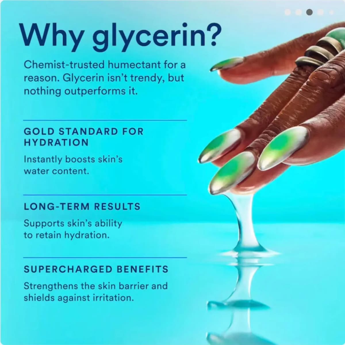 Why glycerin? graphic with a hand in green chrome nails lifting a clear glycerin drip from turquoise liquid