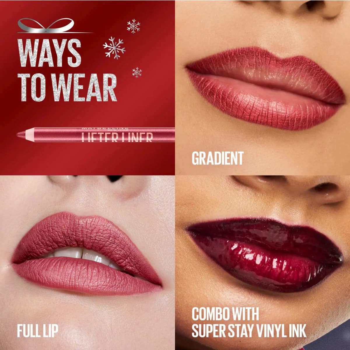 Lifter Liner shown three ways on lips: red gradient, matte rosy full lip, and glossy plum combo with Vinyl Ink