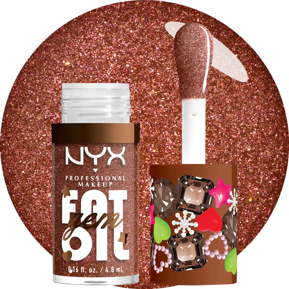 NYX Fat Oil Gem Lip Drip in Cacao Gem brown shimmer with applicator and bronze glitter swatch behind.