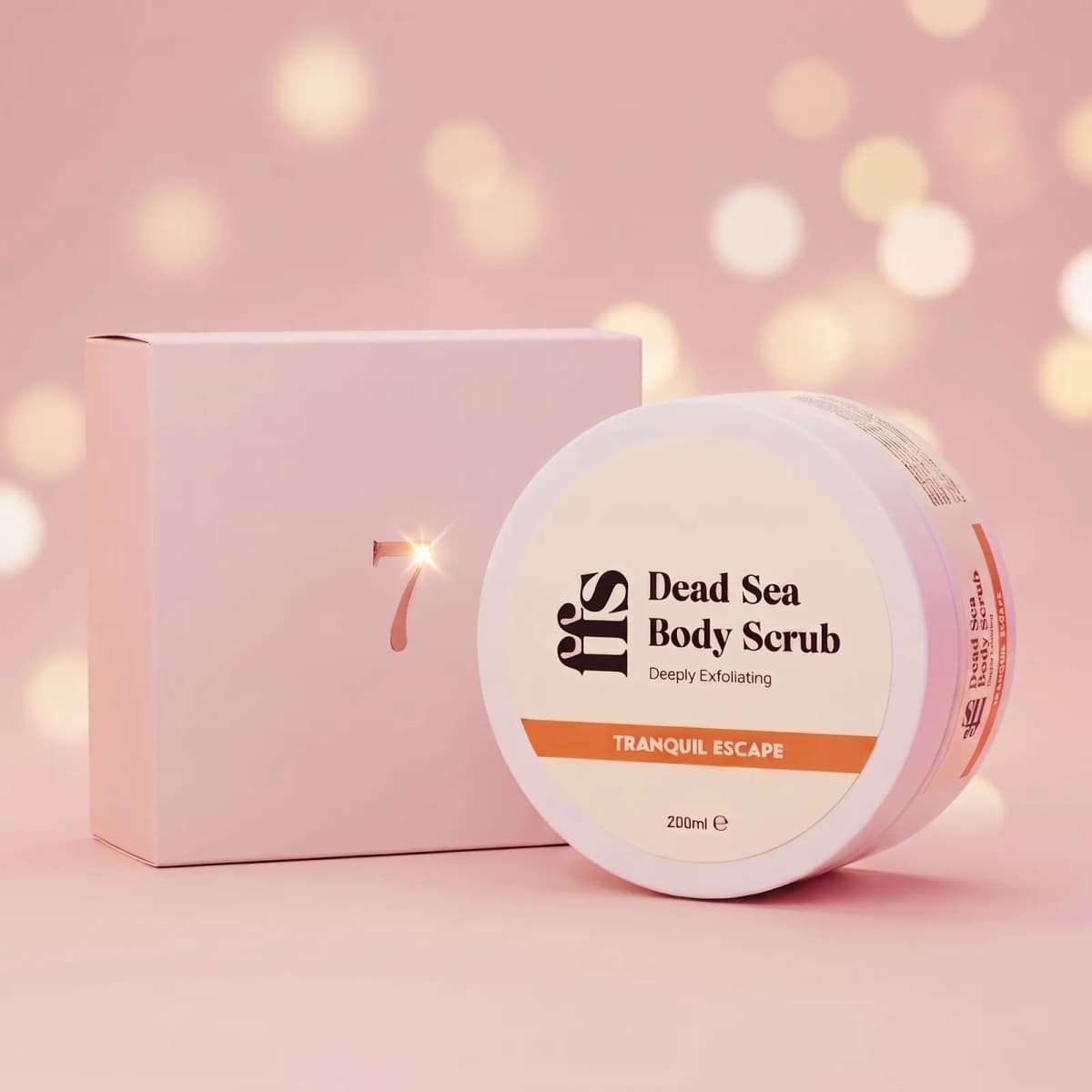FFS Dead Sea Body Scrub Tranquil Escape 200ml tub leaning against pale pink box number 7