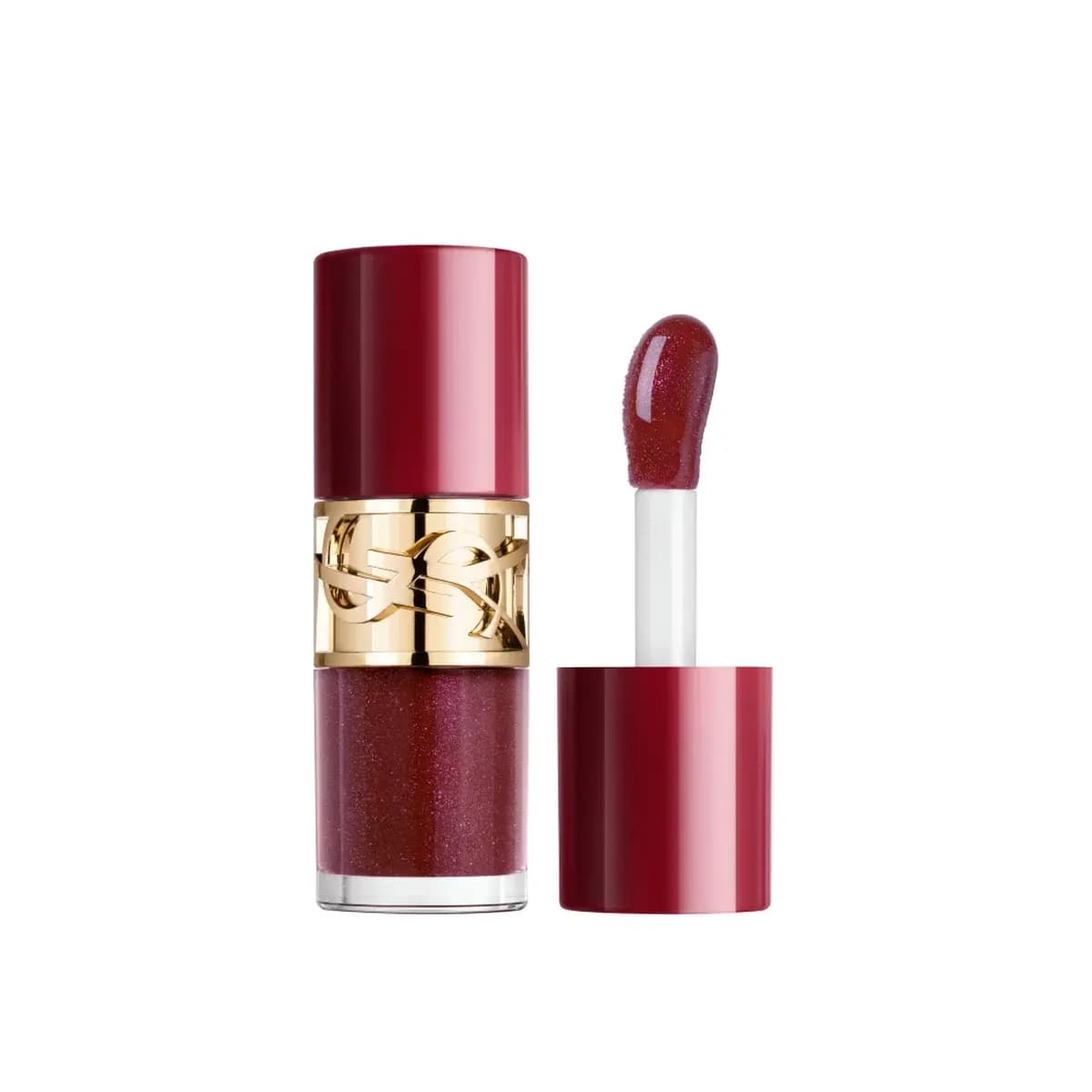Burgundy lip oil gloss with gold YSL band beside its doe-foot applicator holding shimmering wine-red gloss