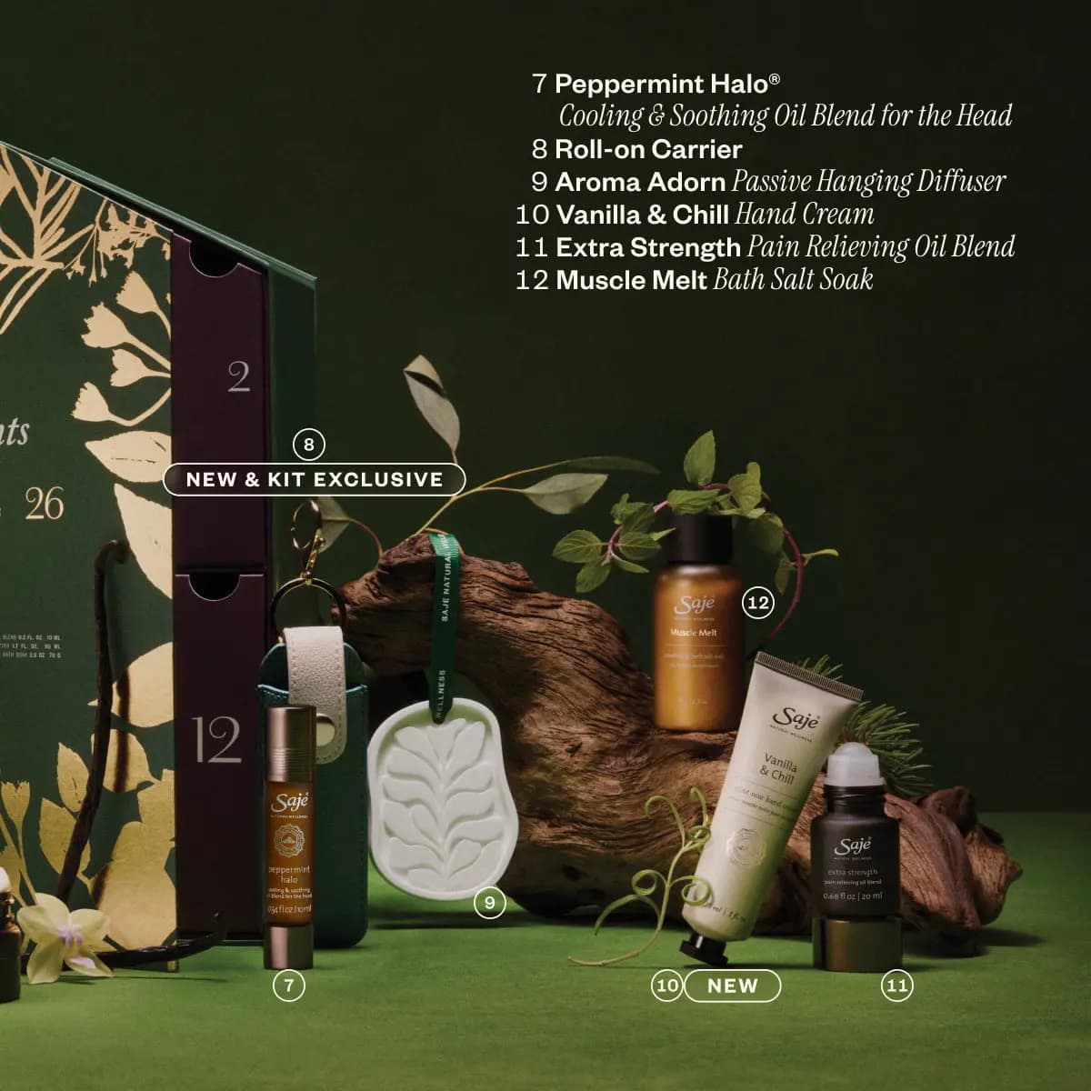 Products 7 to 12, incl. Peppermint Halo, roll-on carrier, Aroma Adorn diffuser and hand cream, before the open calendar