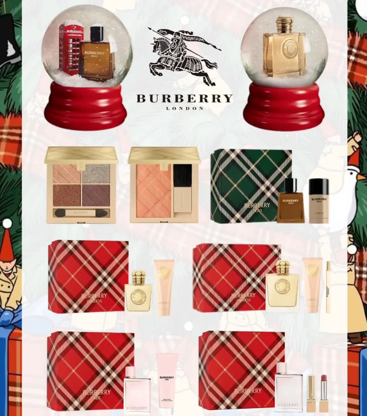Burberry holiday lineup: Hero and Goddess snow globes, eye quad, blush and Hero, Goddess and Her gift sets in check boxes
