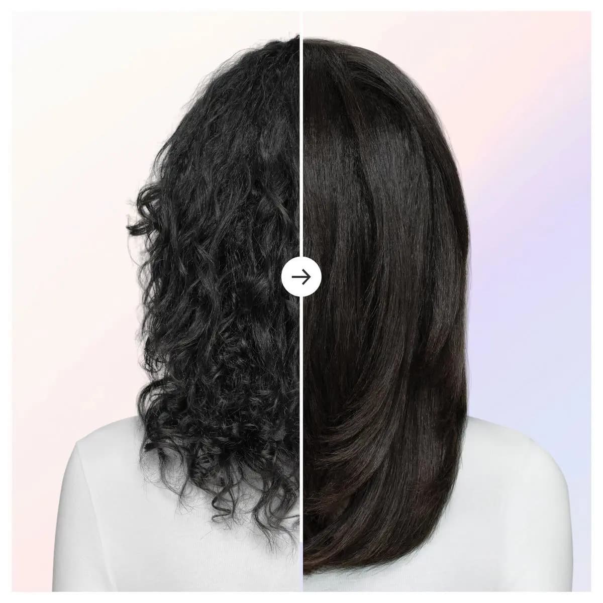 Before-and-after split of black hair going from tight frizzy curls to a sleek, glossy smoothed blowout