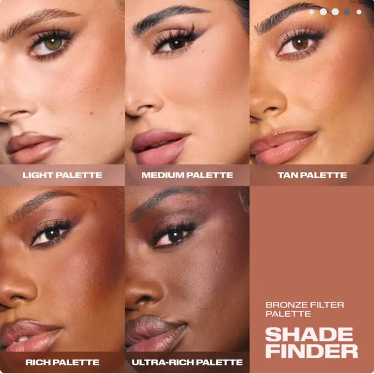 Shade finder grid of five models wearing the Light, Medium, Tan, Rich and Ultra-Rich palettes.