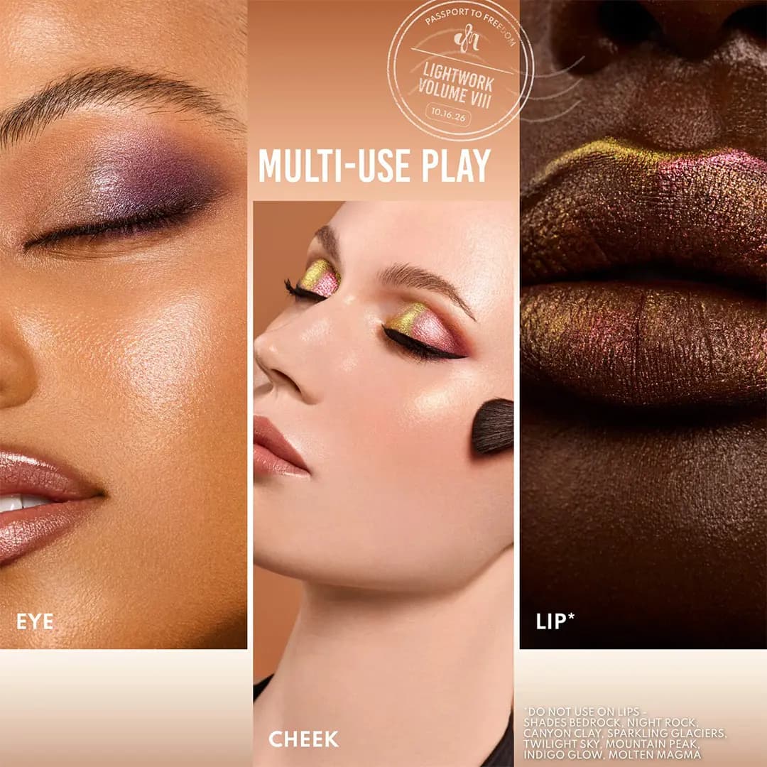 Shades used on eye, cheek and lip, with a note listing shades not to use on lips