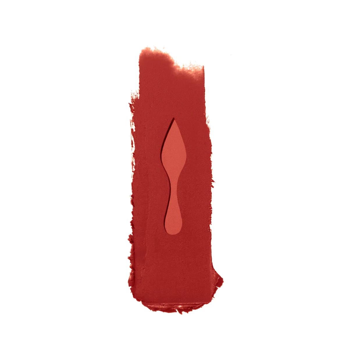 Brick-red matte lipstick swatch with a lighter sole-shaped cutout in the centre